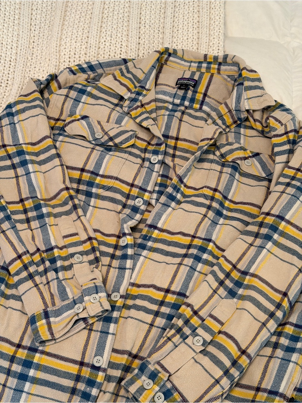 Patagonia Beige Plaid Button-Down with Blue and Yellow Stripes